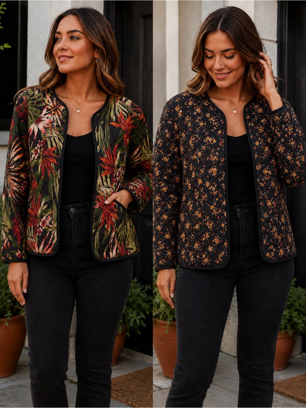 Reversible Floral Quilted Jacket - Black & Multicolor